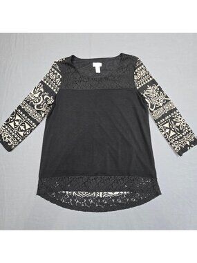 Chicos Size 1 Medium Womens Black Tunic Top Lace Trim Boho Printed Sleeves